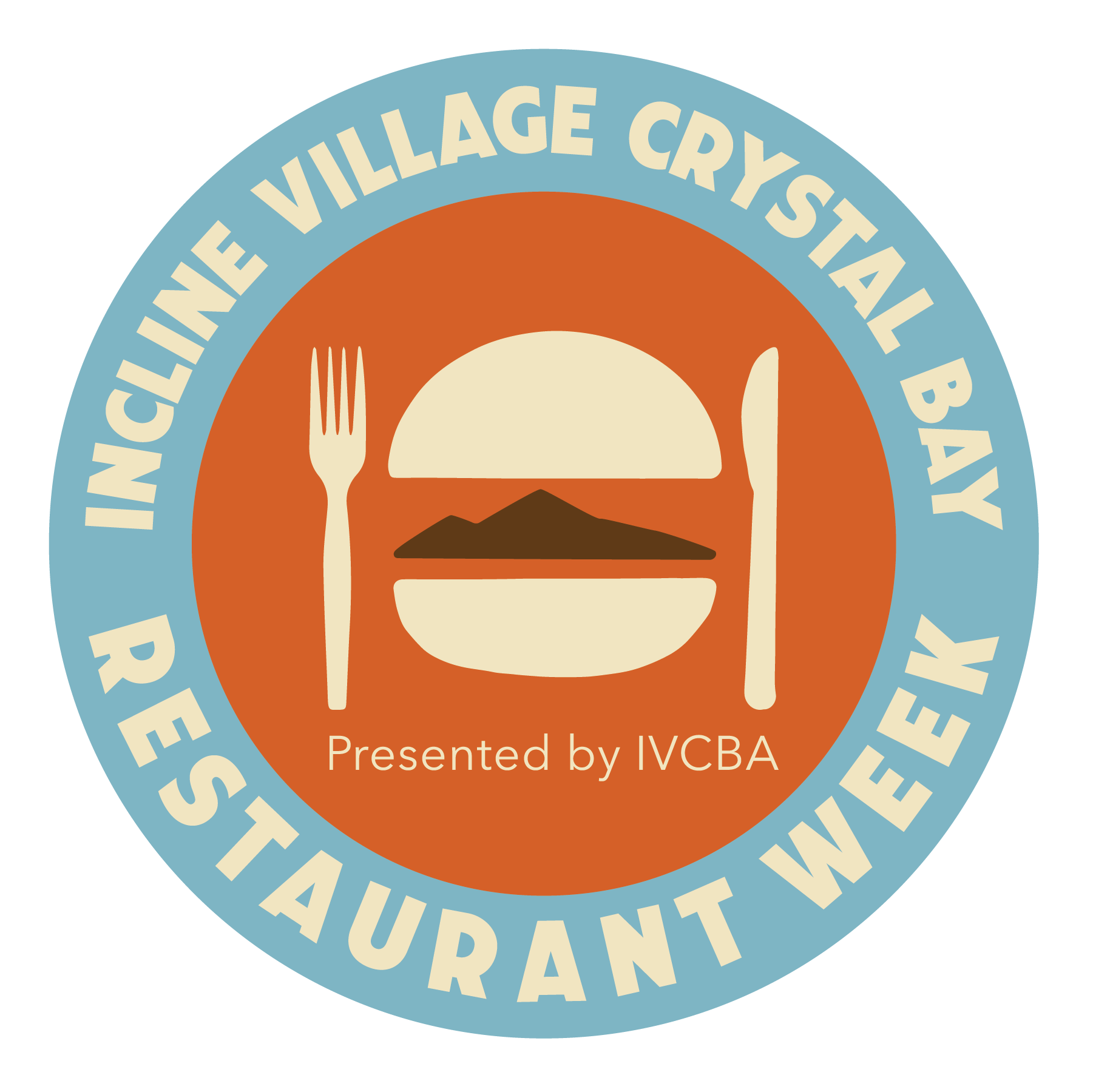 This is a logo for the Incline Village Crystal Bay Restaurant Week . It is an orange circle wth a hamburger, fork and kinife inside a larger blue circle with text.